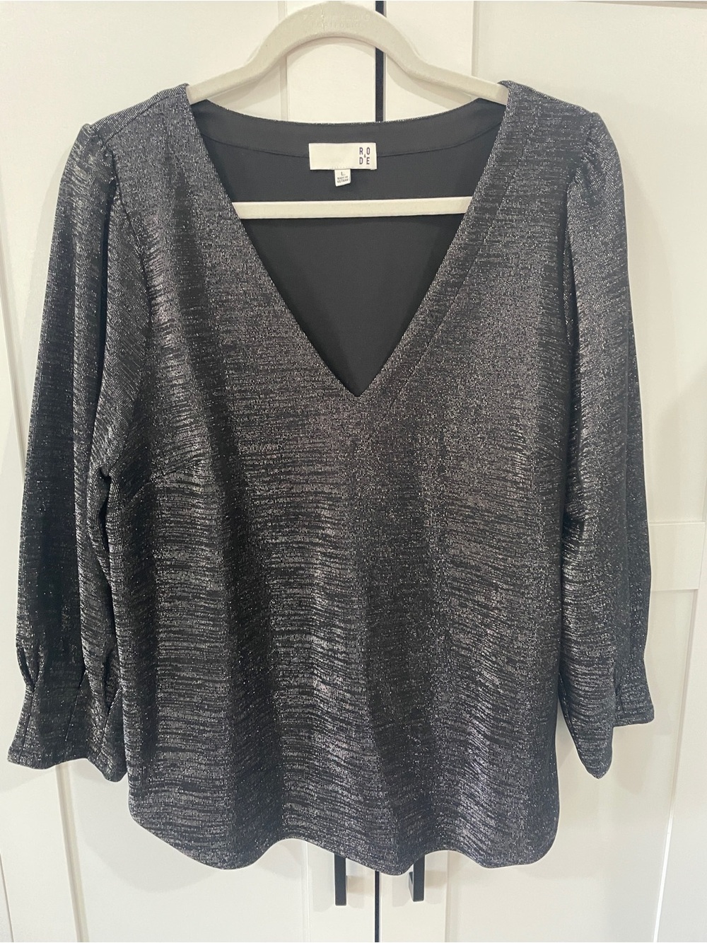 Re/Done Metallic Charcoal V-Neck Long Sleeve Top